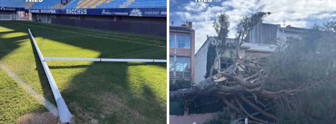 Bâtiment industriel endommagé après tempête avec charpente métallique et toiture arrachées en Occitanie